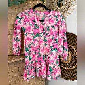 Lilly Pulitzer Alyssa Long Sleeve Shift Dress Green Pink Hibiscus Floral Girls L